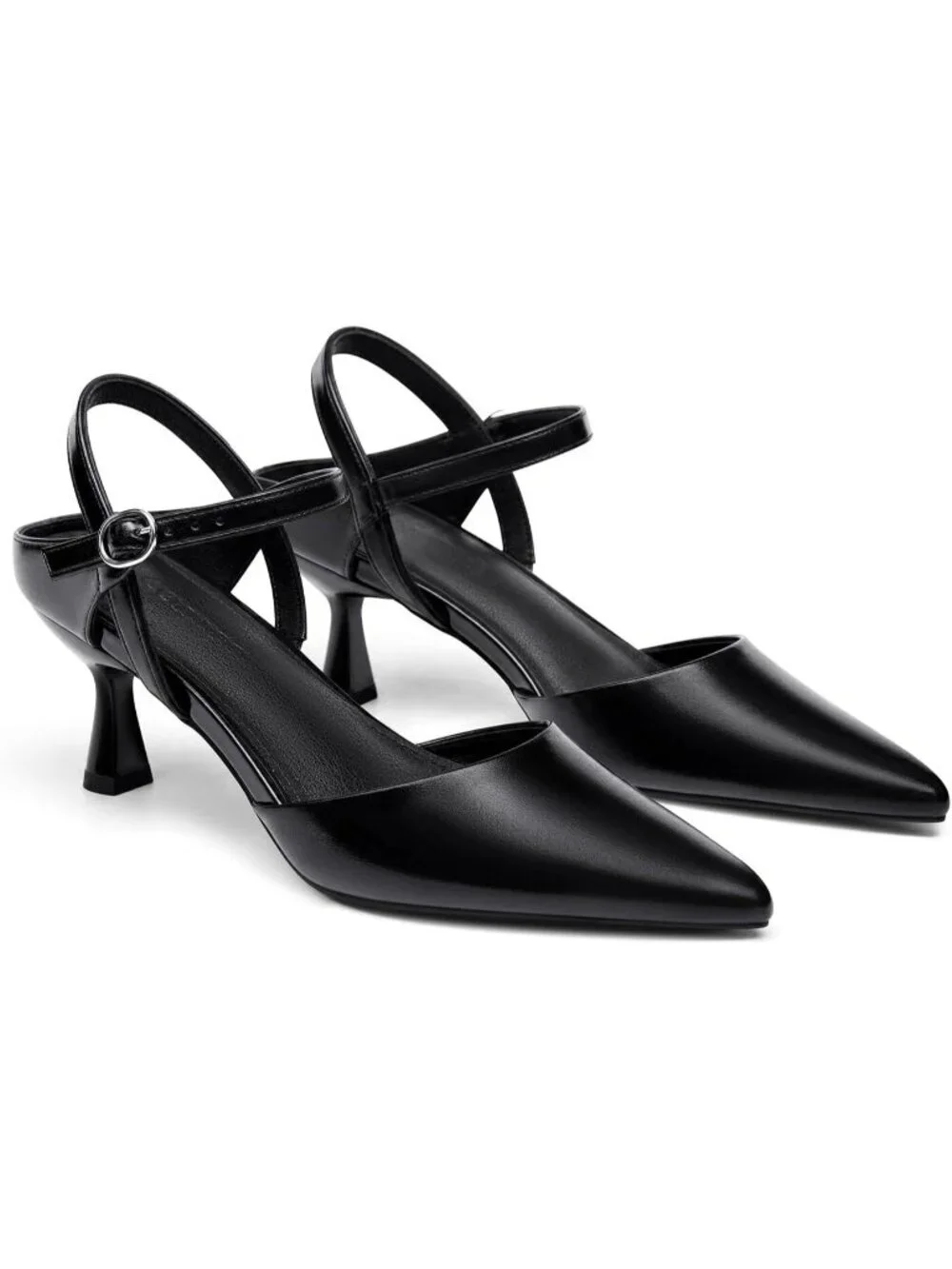 Women's Black Kitten Heels Dress Shoes Closed Pointed Toe Adjustable Strap Heel
